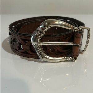 Vintage 90’s Brighton Tooled Leather Scroll Belt Silver Buckle – Size XL 36